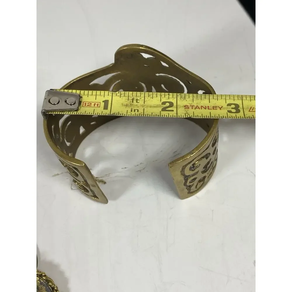 Antique Artisan Modernist Etruscan Egyptian Brass Cuff Bangle Bracelet